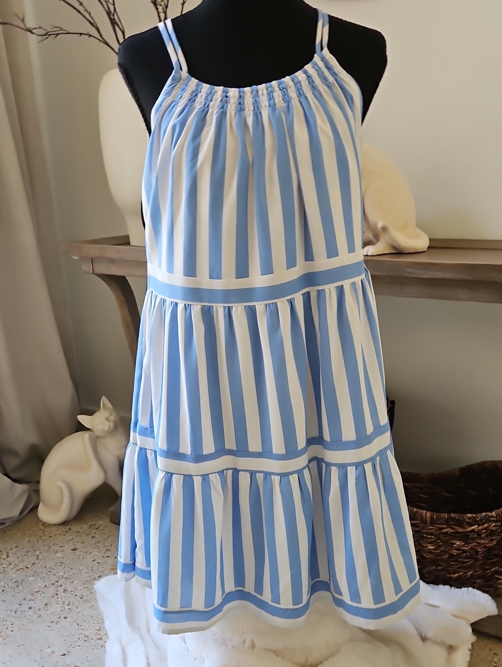 entro Blue and White Striped Tiered Sundress. Size L